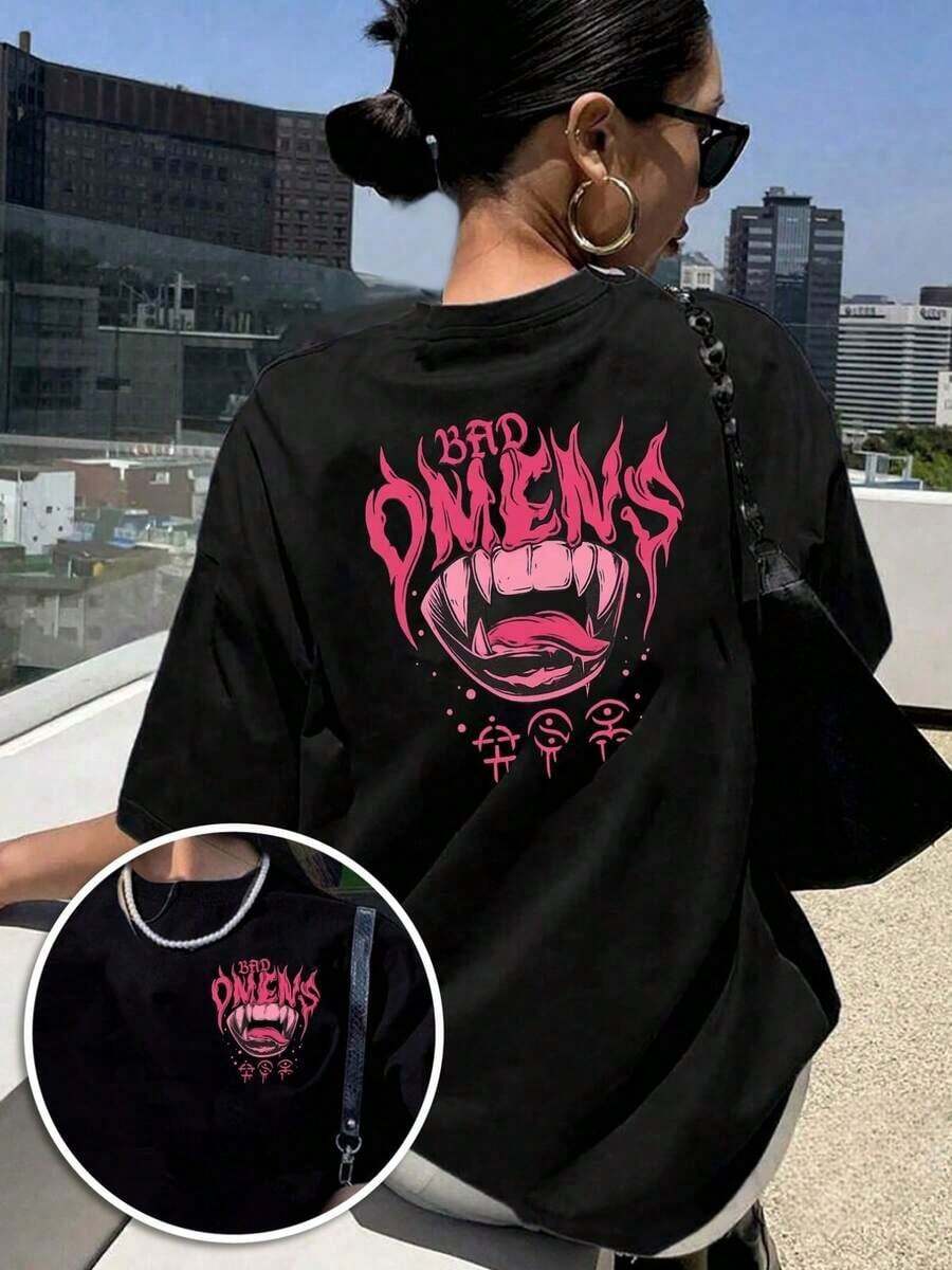 Camiseta de manga corta con estampado a doble cara, , Camiseta casual de moda para mujer, Top casual de manga corta con cuello redondo, Verano y Primavera, Ropa de mujer - Camiseta vintage de estilo callejero unisex, holgada, de algodón, de manga corta y cuello redondo. - Negro - Ver 1