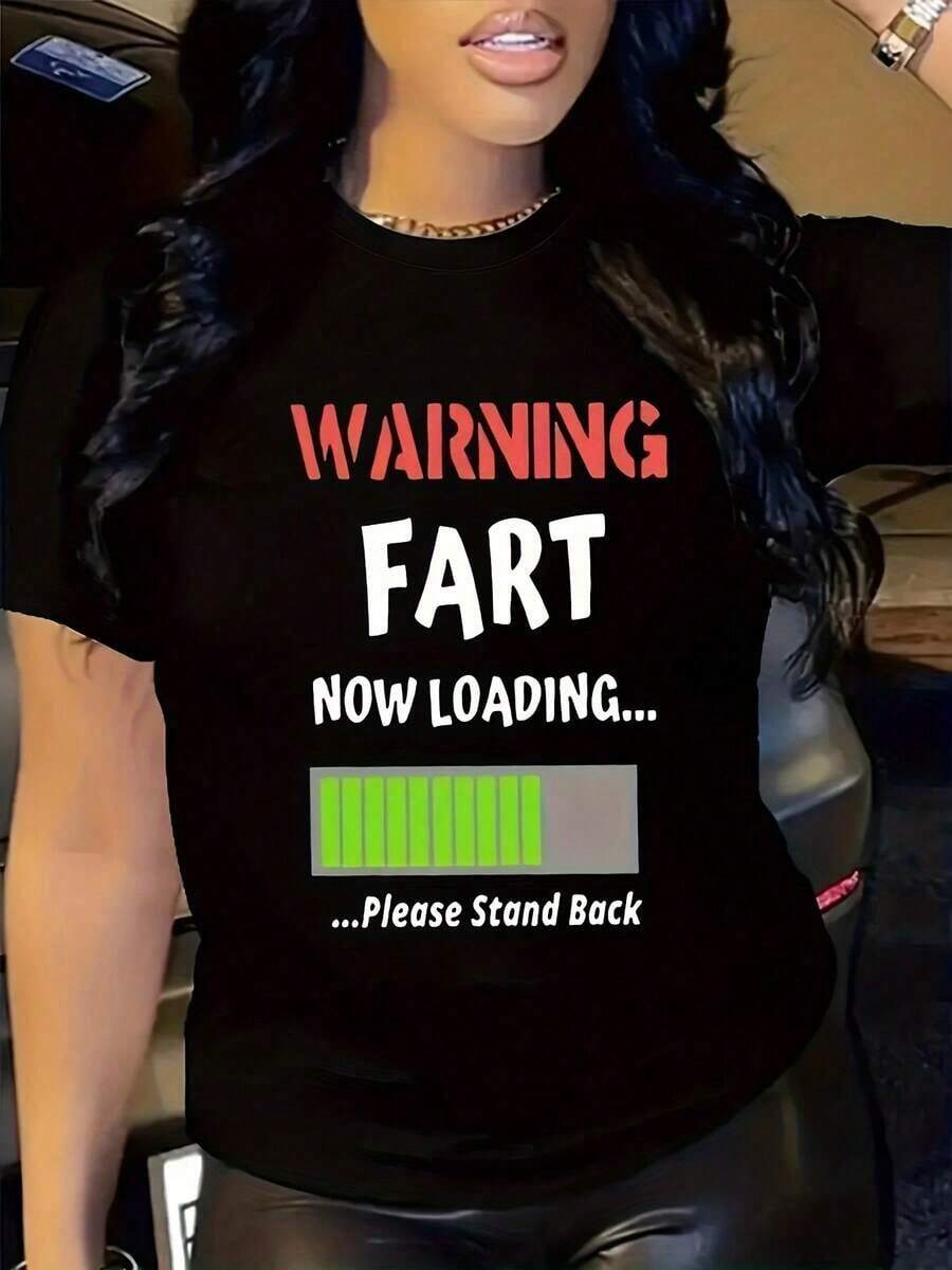 Camiseta negra con diseño gráfico humorístico "ADVERTENCIA: FART AHORA EN CARGA" - 95% poliéster, 5% elastano, cuello redondo, lavable a máquina, corte casual para mujer, ropa con diseño divertido. | Camiseta de estilo casual | Ajuste Cómodoblusas para mujer>camisa - Negro - Ver 1