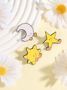 3pcs Cartoon Sun, Moon & Star Enamel Brooch, Fairytale Cute Anthropomorphic Sun, Moon & Star Design Fashion Accessory, Gift For Friends - Multicolor - View 4