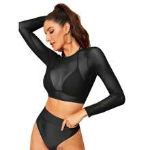 Traje de baño de bikini de malla de manga larga, traje de baño de tres piezas de cintura alta y corte triangular, de cintura alta y efecto adelgazante. - Blanco - Ver 6