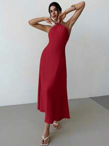 Vestido largo suelto sin mangas y sin espalda, elegante para vacaciones y fiestas, romántico y de moda para el verano, la playa - Rojo - Ver 7