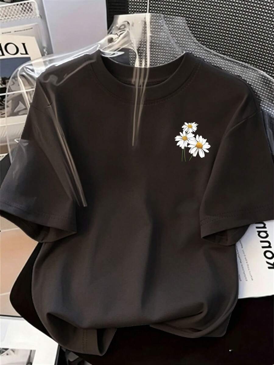Plus Size Fashionable Women's T-Shirt With Printed Design On Soft And Versatile Fabric. This Short-Sleeved T-Shirt Features An Intricate Daisy Design, Offering Comfortable Wear And A Perfect Fit For Casual Occasions. It's A Stylish Blouse Suitable For Everyone. - 深灰色 - 查看 1