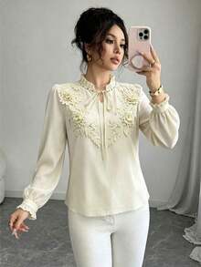 Blusa de mujer de color albaricoque con adorno de encaje, de moda y casual - Albaricoque - Ver 6