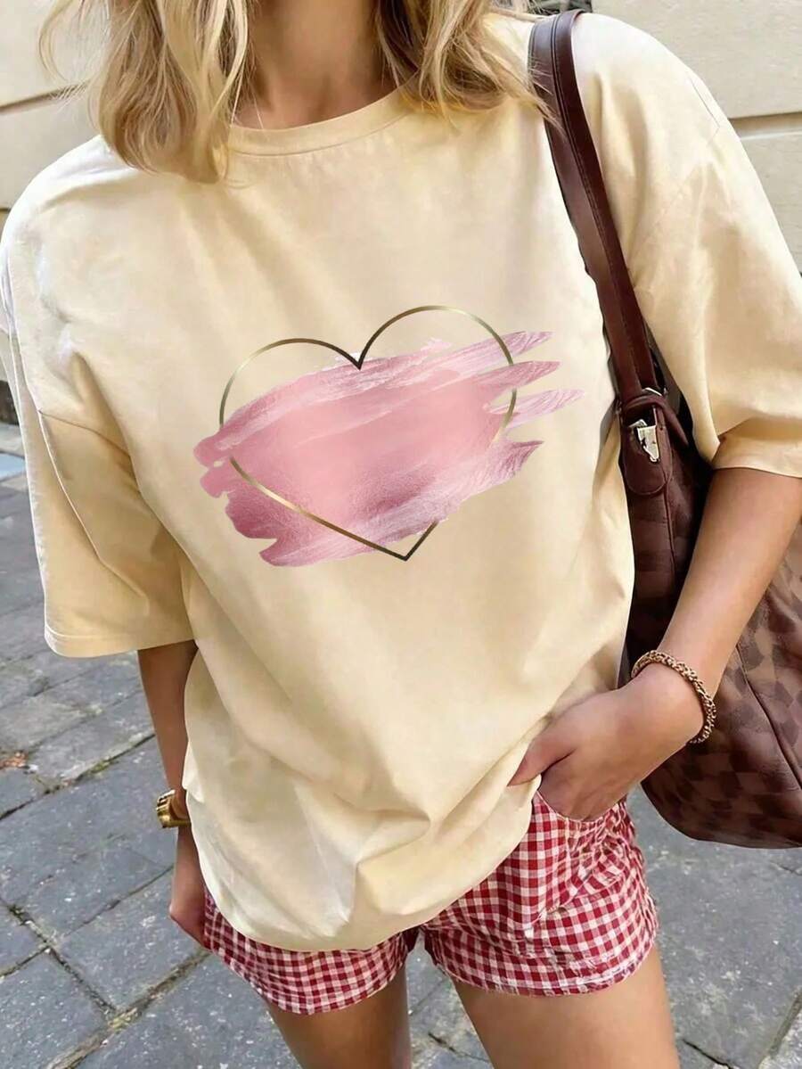 Camiseta de mujer 2026, cuello redondo, manga corta, estampada, corte holgado, estilo deportivo y casual, perfecta para verano, envío nacional. - Albaricoque - Ver 1