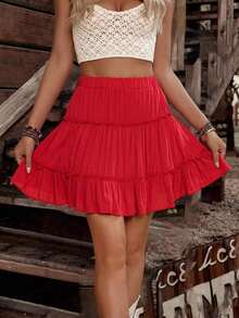 Jsnjjf Falda Casual de Color Sólido con Cintura Elástica y Volantes para Mujer - Rosa Pálido - Ver 10