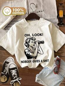 Women's Personalized T-Shirt For Spring/Summer, Vintage Style With Binoculars Print, Short Sleeve, Round Neck, Pure Cotton - Unisex Vintage Urban Style T-Shirt, Loose Fit, Cotton, Short Sleeve And Round Neck - 杏色 - 查看 7