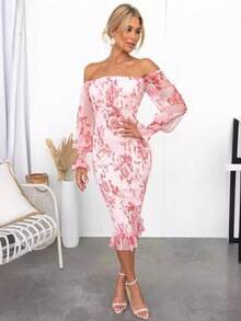 Vestido otoñal estampado cuello barra manga larga cintura elástica corte sirena sensual estilo europeo elegante para mujer - Rojo - Ver 3