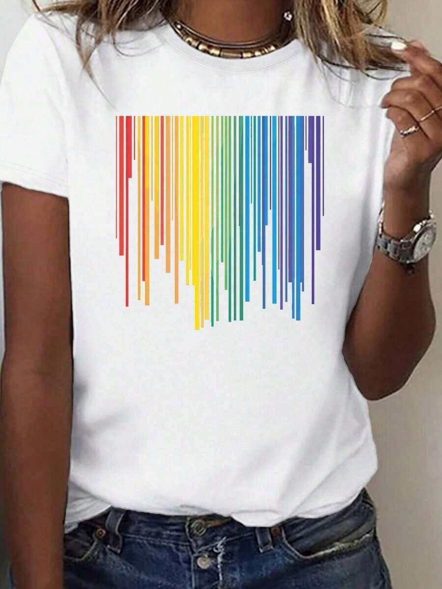 conjuntos de mujer 2026 Camiseta de color sólido para mujer con rayas de arcoíris coloridas, ajuste cómodo, cuello redondo, ropa casual - Lavable a máquina, top de algodón puro. - Blanco - Ver 1