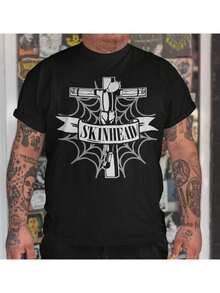 Camiseta negra de estilo skinhead punk rock para hombre - Con el llamativo texto "SKINHEAD" y la insignia de cruz/alambre de púas, esta elegante prenda de moda urbana es perfecta para conciertos, festivales de música y diversos eventos. Una camiseta de manga corta adecuada para el hogar, el uso diario, fiestas y viajes-ideal como regalo para amigos o familiares. - Negro - Ver 6