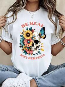 ropa de mujer Camiseta con estampado floral de calaveras Blanca Camiseta gráfica con la frase "Be Real Not Perfect" para uso casual y atuendos diarios camisas de mujer - Blanco - Ver 1
