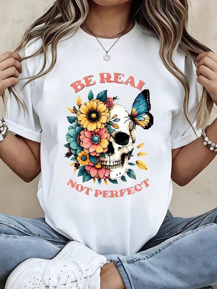 ropa de mujer Camiseta con estampado floral de calaveras Blanca Camiseta gráfica con la frase "Be Real Not Perfect" para uso casual y atuendos diarios camisas de mujer - Blanco - Ver 1