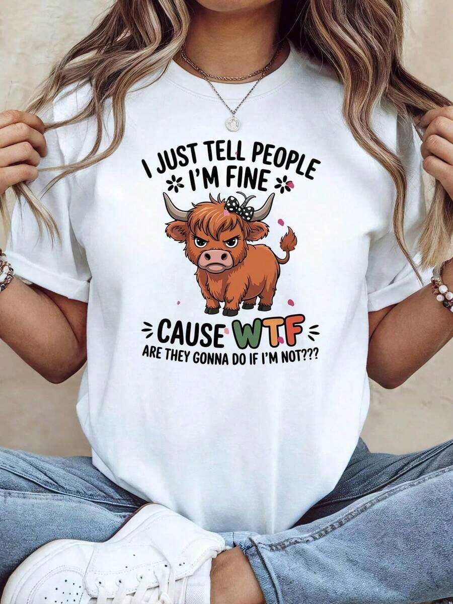 Camiseta de Mujer con Estampado Sarcastico de Vaca Highland, Estilo Divertido y Humorístico, Cuello Redondo, Lavable a Máquina, para Reuniones con Amigos y Salidas Diarias, Camiseta Casual de Manga Corta para Mujer, Talla Estándar, Básica - Blanco - Ver 1