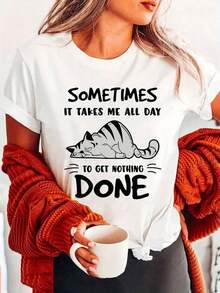 Camiseta Casual de Mujer con Estampado de Gato, Manga Corta, Cuello Redondo, Blusa con Lindos Patrones de Gatitos y Atigrados, Ropa Casual de Primavera-Verano, Lavable a Mano, Top para Amantes de los Gatos (-) Camiseta Casual de Mujer, Talla Estándar, Transpirable, Ligera, Manga Corta - Blanco - Ver 7