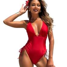 En stock: Traje de baño de una pieza para mujer, sexy, de color sólido, con efecto adelgazante y cordón ajustable, moda 2026. - Traje de baño blanco 9322 - Ver 6