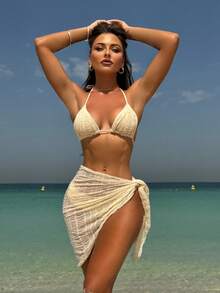 Traje de baño bikini de tres piezas de malla, sexy y de color sólido. - Rojo - Ver 7