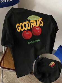 Camiseta de manga corta de talla grande para mujer - Camiseta básica casual de corte holgado, elegantes tops de poliéster, camiseta de manga corta con paneles frontales y traseros - GOOD FRUITS, estampado de moda de cerezas - Camiseta estampada de primavera/verano para mujer, artículo de moda transpirable y cómodo. - Negro - Ver 1