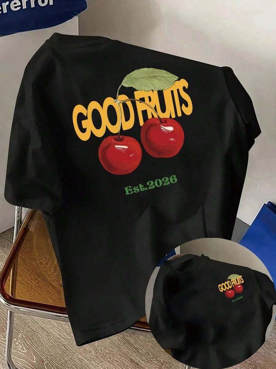 Camiseta de manga corta de talla grande para mujer - Camiseta básica casual de corte holgado, elegantes tops de poliéster, camiseta de manga corta con paneles frontales y traseros - GOOD FRUITS, estampado de moda de cerezas - Camiseta estampada de primavera/verano para mujer, artículo de moda transpirable y cómodo. - Negro - Ver 1