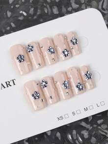 10pcs Y2K Style Handmade Press-On Nails, Floral Rhinestone Pattern Matching Design, DIY Acrylic Fake Nails, Top Choice For Nail Art Enthusiasts, Suitable For Holidays And Daily Wear, Perfect Gift For Girls, Essential Gift For Graduation Season - Apricot - View 3