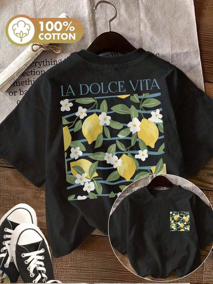 Camisetas manga corta mujer crew neck T-shirt "Lemon" "Flower" 100% Algodón Puro y Transpirable | Camiseta de mujer "La Dolce Vita" con estampado de limón y flores - Camiseta casual de manga corta con cuello redondo y limones amarillos vibrantes y flores blancas, ligera y transpirable para el verano, camisetas para damas - Negro - Ver 1