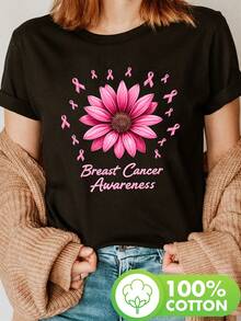 Camiseta con estampado de concientización sobre el cáncer de mama, manga corta y cuello redondo, top casual para verano y primavera, ropa de mujer - Negro - Ver 1