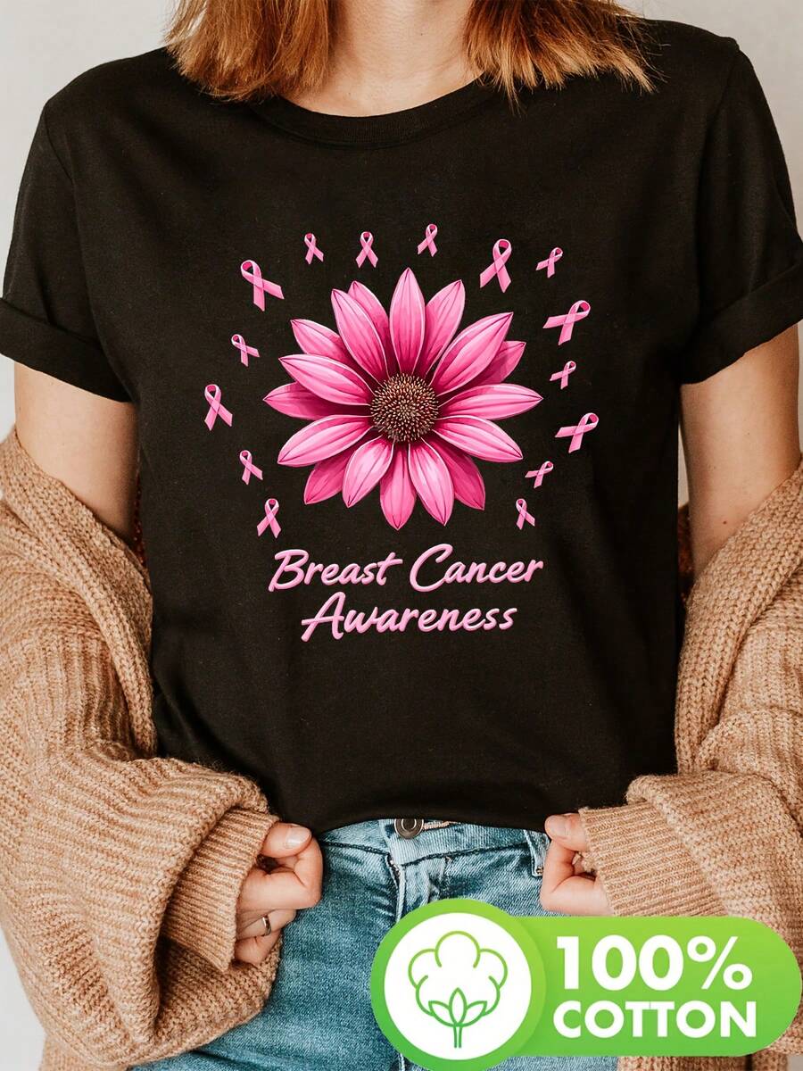 Camiseta con estampado de concientización sobre el cáncer de mama, manga corta y cuello redondo, top casual para verano y primavera, ropa de mujer - Negro - Ver 1