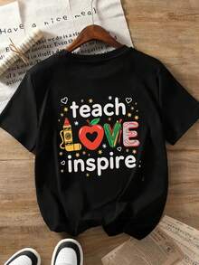 Camiseta Casual de Cuello Redondo para Mujer "Teaching Love Enlightenment"|Cómodo y transpirable, diseño divertido y educativo, detalles de autobús/corazón/estrella, tela ligeramente elástica, mangas regulares, adecuado para otoño e invierno.ParaFiesta&DiarioDesgaste, PerfectoParaVacaciones&Tiempo de juego, genialParaFiesta&FamiliaVacaciones, EscuelaWearStreetEstilo, a la modaModa, TendenciaClimaRopa de veranoInformalWearStreetEstilo, a la modaModa, TendenciaClimaRopa de veranoInformalRopa - Negro - Ver 1