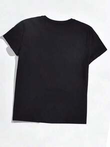 Camiseta de manga corta para mujer, nueva moda, con estampado de corazón y lazo, cuello redondo, para verano. - Negro - Ver 2