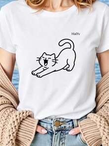 Oferta por tiempo limitado, cantidad limitada disponible,  relámpago, camisas de mujer, camisetas de mujerCamiseta Blanca de Mujer Manga Corta Cuello Redondo, Estampado de Gato en Linea, Playera Casual Comoda para Uso Diario - Blanco - Ver 3