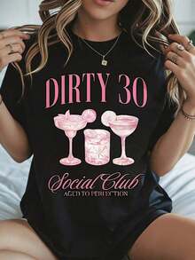 Elegante y casual para mujer, manga corta, camiseta de cumpleaños "Dirty 30" para mujer, fiesta de 30 cumpleaños, bebidas de cóctel rosas y texto de club social, envejecida a la perfección, ropa casual blanca para celebración en primavera y verano. - Negro - Ver 8