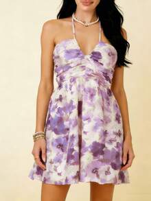 Women's Floral Halter Neck Mini Dress Ruched Backless A-Line Maternity Party Dress With Adjustable Self-Tie - Morado - Ver 4