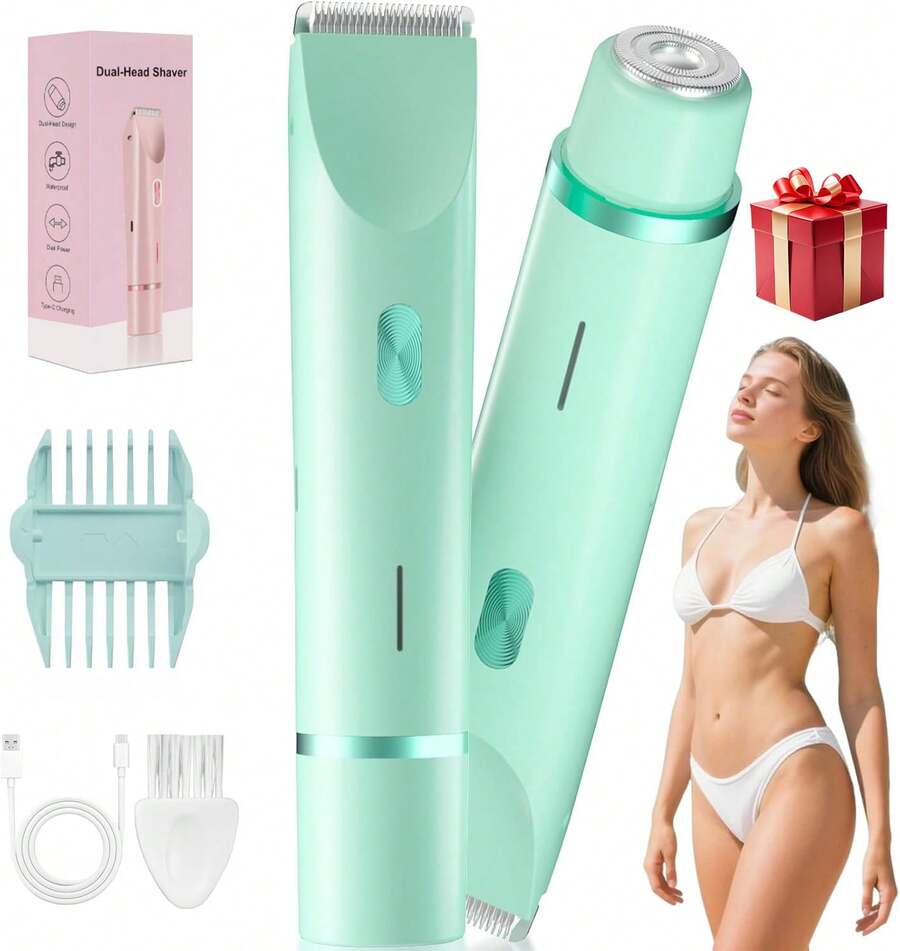2 In 1 Women Electric Razor & Bikini Trimmer, IPX7 Waterproof Wet Dry Shaver With Ceramic Sharp Blade, USB Rechargeable 400mAh Dual Head Hair Trimmer For Face, Underarm, Leg And Pubic Hair, Portable Personal Groomer, Gift For Men Women,Multiple Color - 綠色 - View 1