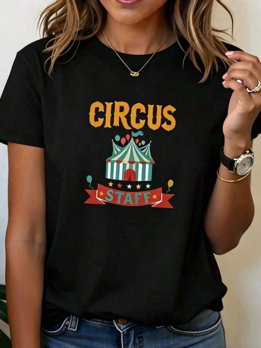 NewSummerCasualCamiseta ligera de estilo retro y divertido de circo con estampado de personal de circo, cuello redondo para mujer, primavera/verano, regalo informal para compras o vacaciones, ideal para reuniones de amigos, 100% algodón. Camisas de mujer - Camiseta unisex de algodón holgada de manga corta y cuello redondo estilo vintage urbano - Negro - Ver 1