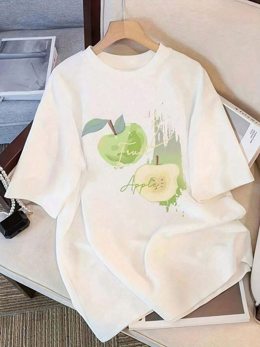 Women's White T-Shirt | Soft And Breathable T-Shirt For Everyday Wear, Suitable For Both Casual And Formal Occasions, With A Simple Apple Print, Short Sleeves, Machine Washable, A Must-Have For All Seasons, A Versatile And Stylish Piece, Made Of Durable Fabric. Cool Summer T-Shirt, Unisex Style. - 白色 - 查看 1