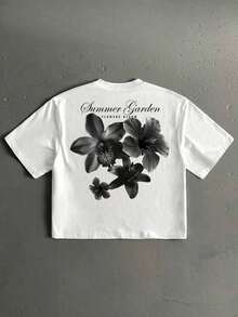 Camiseta corta de manga corta estilo oversized Summer Garden, estampado floral negro, camiseta de cuello redondo estilo casual urbano para parejas, 100% algodón. - Blanco - Ver 4