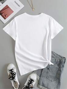 Camiseta Casual Esencial con Estampado de Letras, Cuello Redondo y Manga Corta-2847, Algodón Suave para Uso Diario en Verano - Blanco - Ver 3
