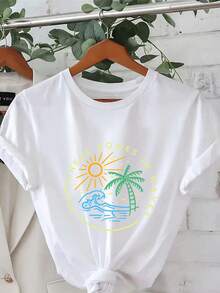 Camiseta de moda con estampado, cuello redondo, ropa de talla grande para mujer, vestimenta femenina. - Blanco - Ver 1