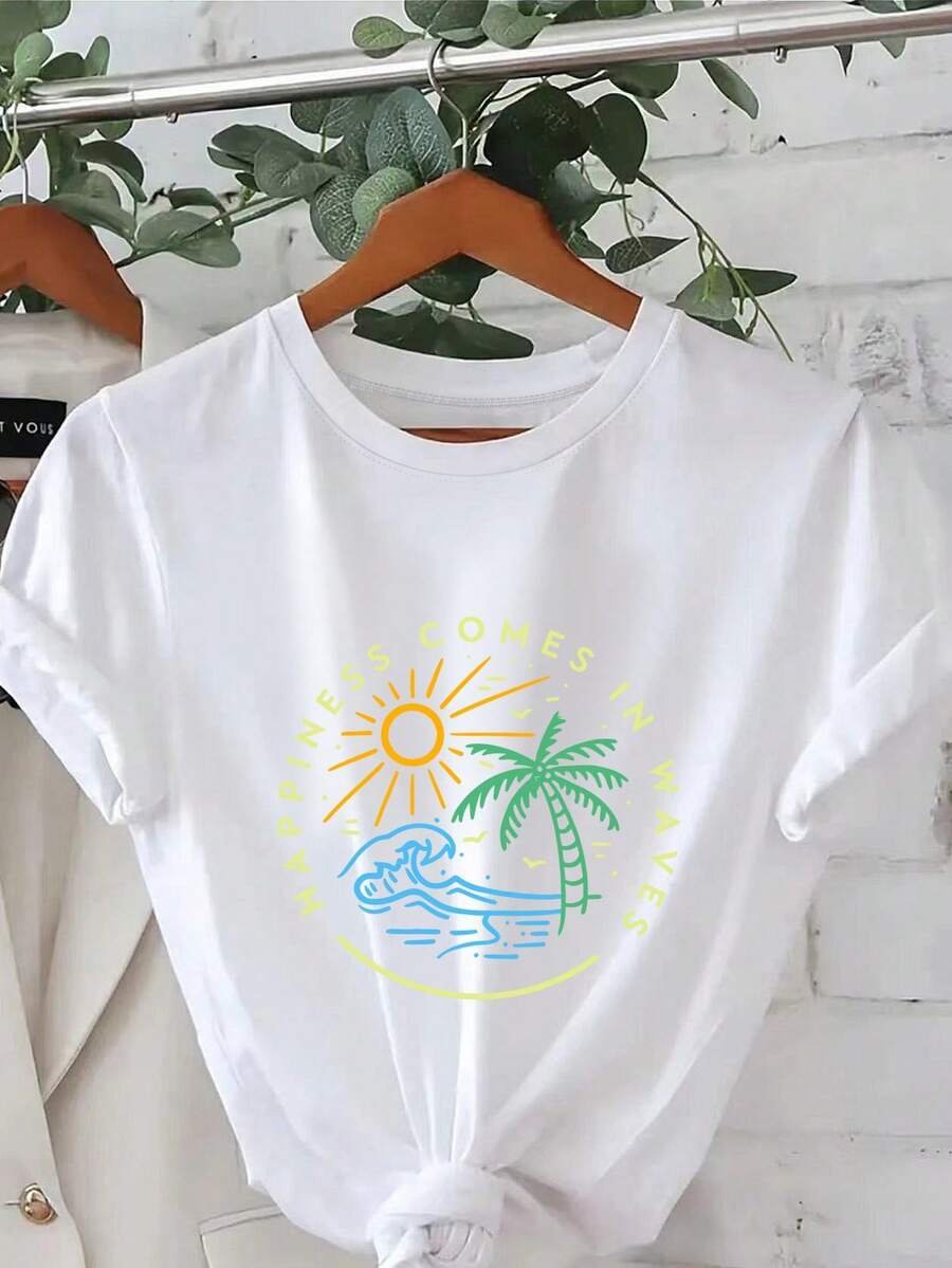 Camiseta de moda con estampado, cuello redondo, ropa de talla grande para mujer, vestimenta femenina. - Blanco - Ver 1