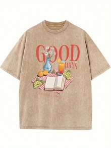1 pieza de camiseta de mujer con estampado creativo de estilo retro urbano, camiseta de mujer de alta calidad con efecto lavado, top vintage con aspecto desgastado, cuello redondo, holgada, talla grande, manga corta, suave, cómoda y transpirable, ropa de mujer moderna y a la moda, 180g 100% algodón. - Gris - Ver 8