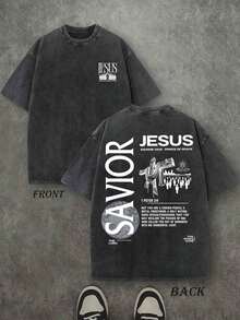 Camiseta Cristiana Unisex Lavada "Jesús Salvador Rey", Camiseta con Escrituras Cristianas, Camiseta Vintage Retro Lavada con Impresión a Doble Cara (Camiseta de Algodón Puro de 230 g/m²), Camiseta Cristiana de Alta Calidad, Regalos Cristianos, Camisetas para Hombre y Mujer, Camiseta Cristiana Cómoda y a la Moda, Camiseta de Algodón Puro Estilo Urbano para Otoño. - Negro - Ver 7