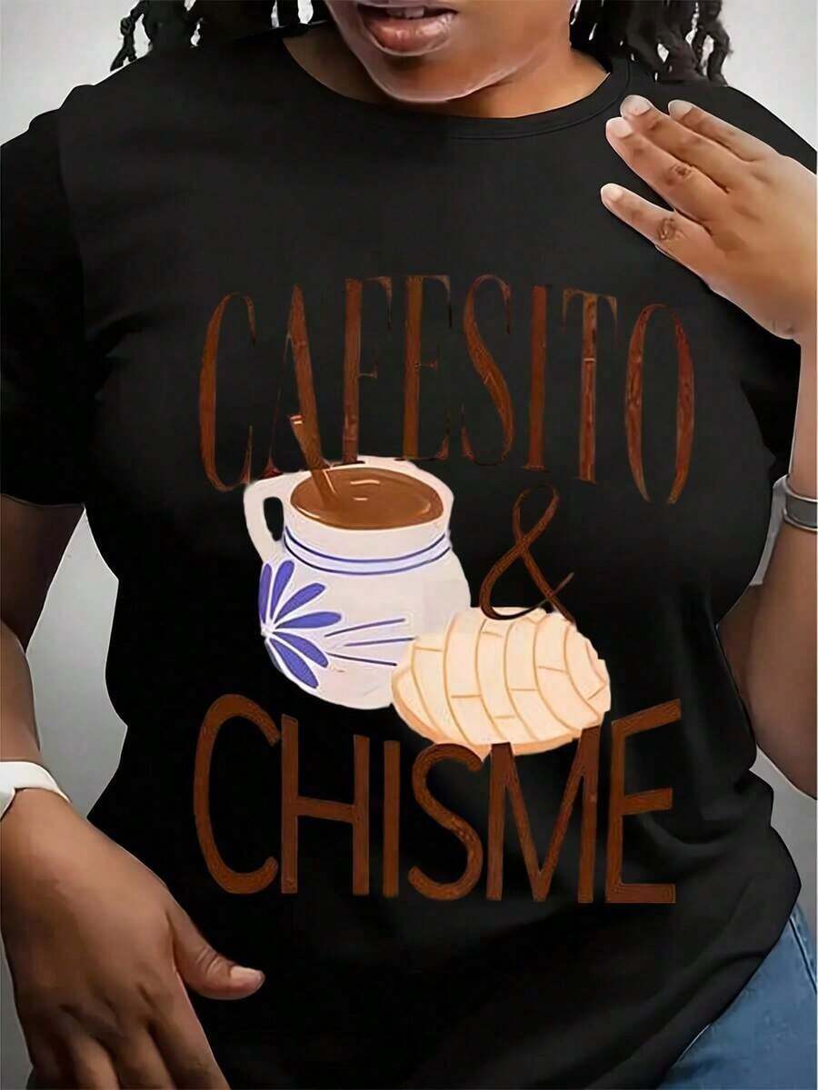 Camiseta Casual para Mujer CHISME con Diseño Gráfico - Tejido Suave, Manga Corta, Cuello Redondo, Roja con Diseño de Café y Pastelería, Ligera y Versátil para Todas las Temporadas, Camiseta de Uso Diario con Temática de Café - Negro - Ver 1
