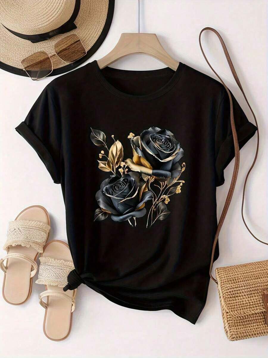 Women's T-Shirt With A Luxurious Retro-Style Decorative Design, Featuring A Black And Gold Rose Print. Modern And Breathable, It's Suitable For Family Trips, College Activities, Casual Sports, Daily Commutes, And Matching Sister Outfits. Versatile T-Shirt 7270Soft. Cotton, Casual Daily Wear, Festival Style, Soft & Lightweight, Summer Vacation Casual Wear, Mexican Style, Casual Daily Wear, Family Matching, Fun Print, Mexican Fiesta, Ideal For Gifts - Black - View 1