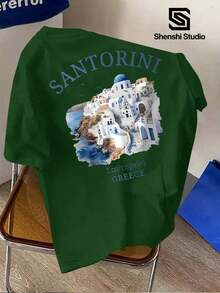 Camiseta casual para hombre hecha de fibra de poliéster, ¡esta camiseta viene con un "filtro de viaje" incorporado!Con un estampado arquitectónico en azul Santorini y blanco, es refrescante y relajante, adecuada para el uso diario y de fin de semana, ofreciendo un estilo moderno para hombres en verano.100% algodón. - Verde - Ver 3