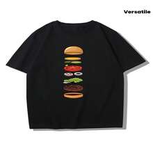 Short-Sleeved T-Shirt With A Fun Hamburger Decomposition Diagram Print, Custom Pattern, Pure, Modern, And Versatile Unisex Short-Sleeved Top. - 黑色 - 查看 2