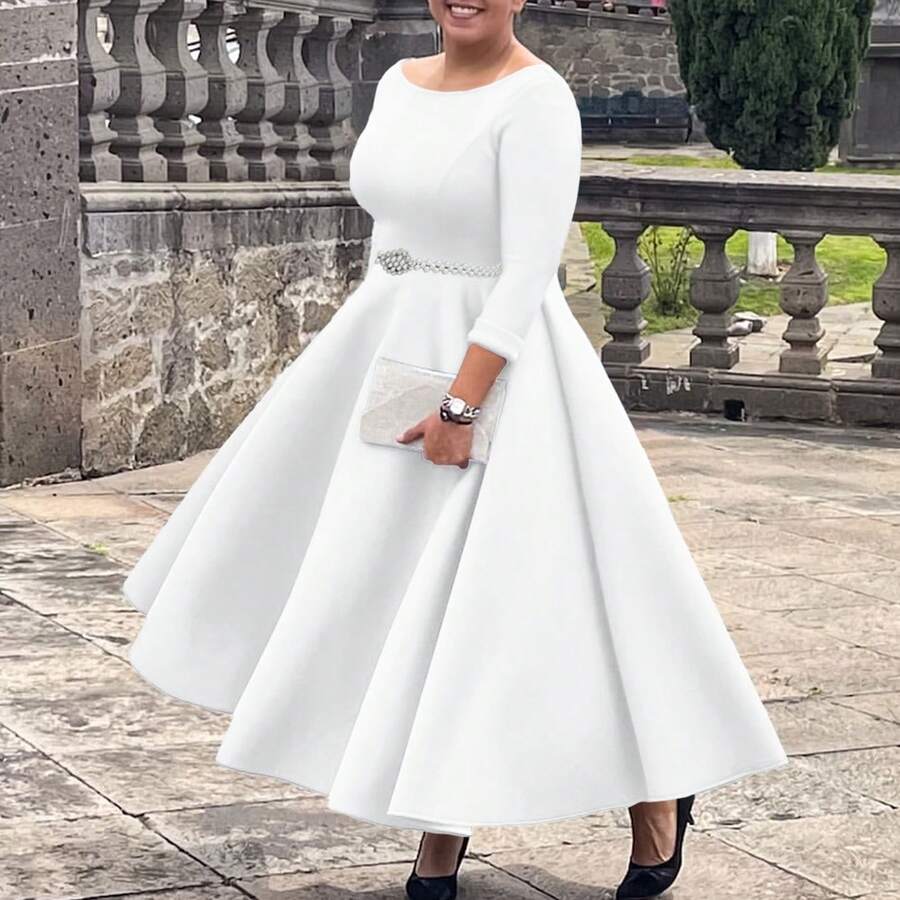 Women Midi Dresses - White + Belt - View 1