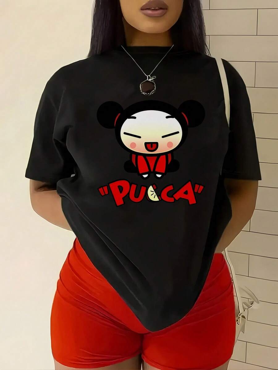 Camiseta de mujer estampada de manga corta para verano, Nueva camiseta de manga corta con cuello redondo para mujeres, Tops de mujer, Estilo multifuncional, Estampado de dibujos animados - Negro - Ver 1