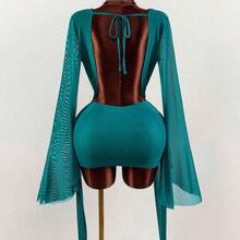 Romantic Vacation Earthy Tone Low-Cut Draped Collar, Flared Sleeves, Bodycon Mini Dress Bell Sleeves - Agua verde azul - Ver 8