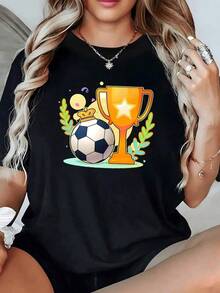Trofeo dorado con estrella y pelota de fútbol que simboliza el espíritu de victoria la pasión deportiva y la energía alegre camiseta de mujer casual moderna cómoda y perfecta para fanáticas del fútbol - Negro - Ver 6