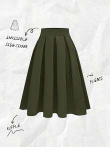 Falda plisada casual para mujer, versátil para primavera y otoño - Verde militar - Ver 1