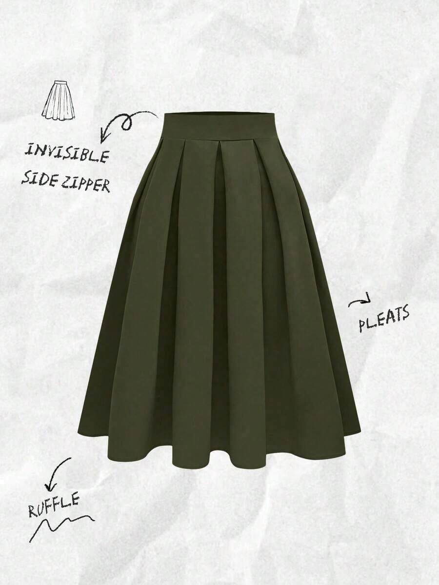 Falda plisada casual para mujer, versátil para primavera y otoño - Verde militar - Ver 1