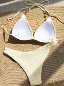 Bañador bikini triángulo halter con diseño de perla - Albaricoque - Ver 2